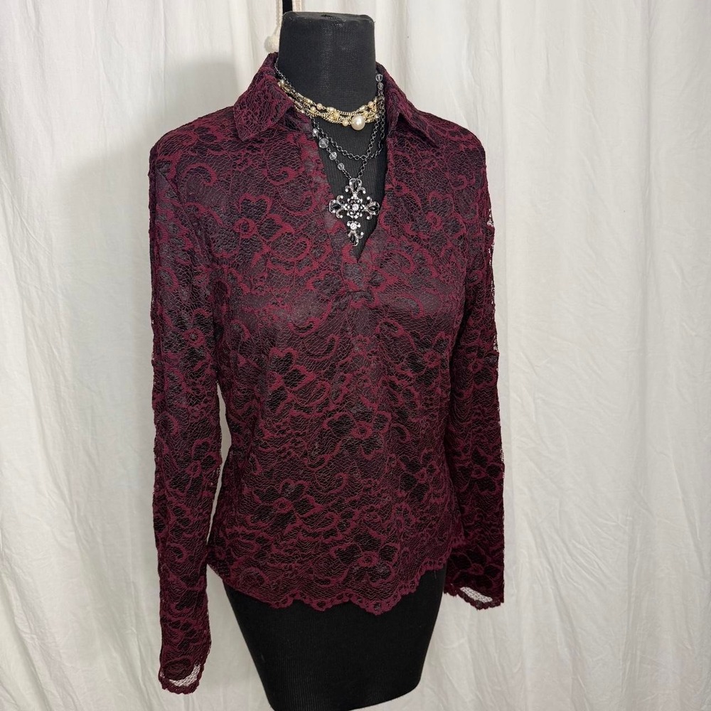 Bicé Burgundy & Black Lace Mock Neck Long Sleeve Top | Size M